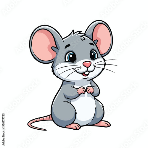 Adorable cartoon gray mouse with big ears and blue eyes, smiling sweetly