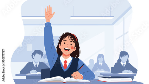 Enthusiastic school girl raising her hand to answer a question during a lesson in a classroom with other students.