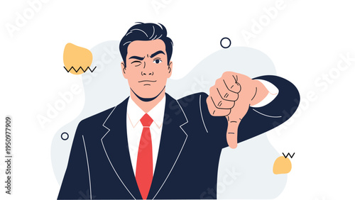 Serious businessman in a suit and red tie giving a thumbs down gesture to show disapproval or rejection of a plan.