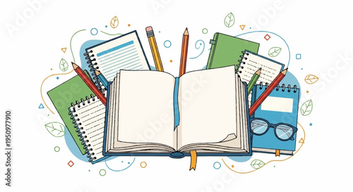Colorful illustration of open notebook surrounded by school supplies and stationery on white background