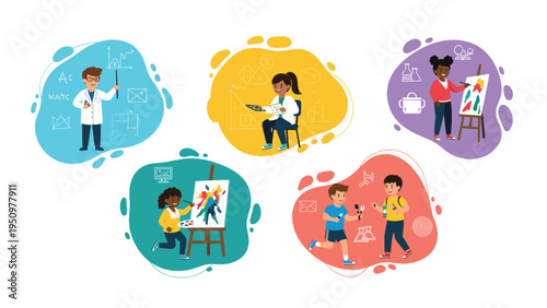 Set of children participating in various school subjects and hobbies such as science, painting, and physical education.