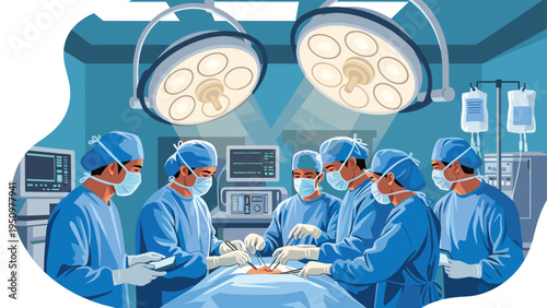Team of professional surgeons and nurses wearing blue scrubs while performing a complex operation in an operating room.