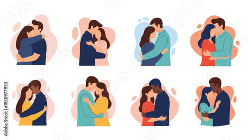 Set of diverse couples expressing love and affection through warm hugs and embracing each other in various poses.