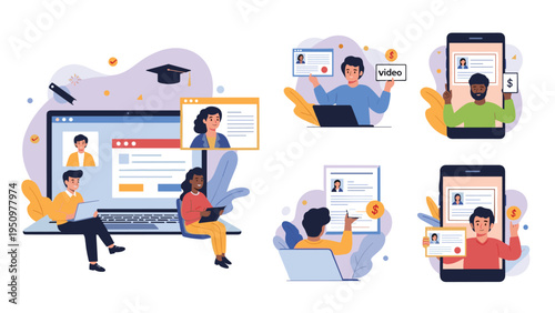 Diverse people using laptops and smartphones for online education, video courses, and earning money digitally.