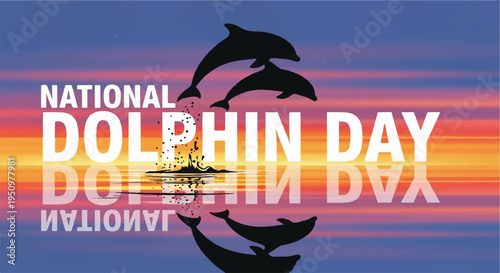 Dolphins jumping in ocean water on national dolphin day at colorful sunset