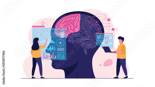 Male and female scientists conducting research on human brain and artificial intelligence using advanced technology interface.