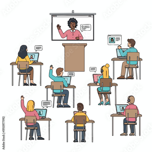 Diverse students in a classroom setting attend a virtual lesson displayed on a large screen