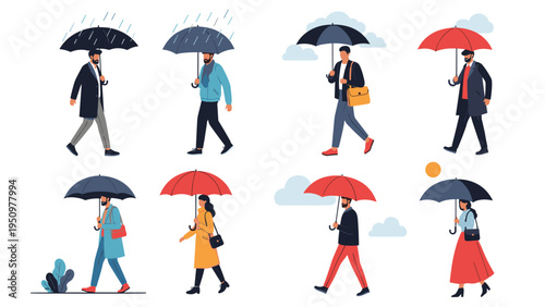 Diverse people walking with colorful umbrellas during different weather conditions like heavy rain and sunny days.