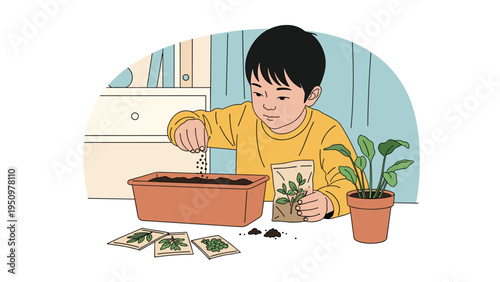 Young boy carefully planting seeds into a soil tray while learning about gardening and plant growth at home.