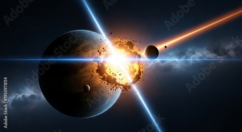 Cataclysmic celestial event depicts planetary collision resulting in explosive bright light and debris
