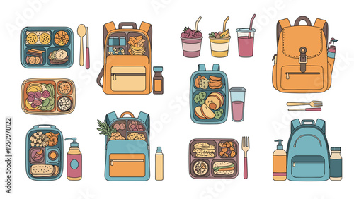 Set of school lunch boxes and backpacks filled with healthy meals snacks and drinks for children or students.