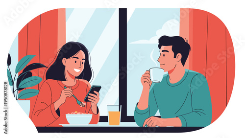 Young man and woman sitting together at a cafe table while the woman is distracted by her mobile phone.