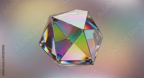 Complex geometric shape displays iridescent reflections against a soft gradient background