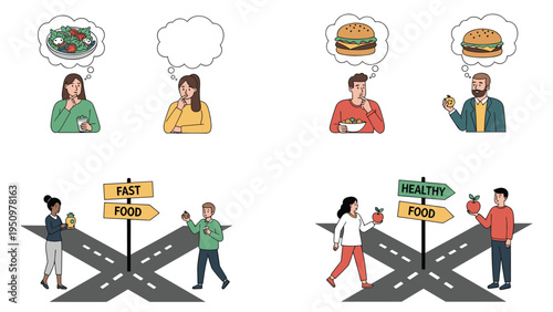 Illustration showing different people making decisions between eating fast food and choosing healthy nutritional meals.