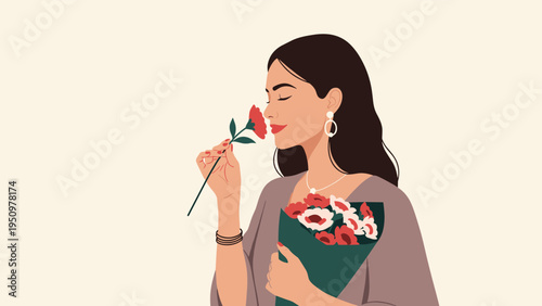 Beautiful woman with long dark hair closing her eyes and enjoying the scent of a fresh flower bouquet.