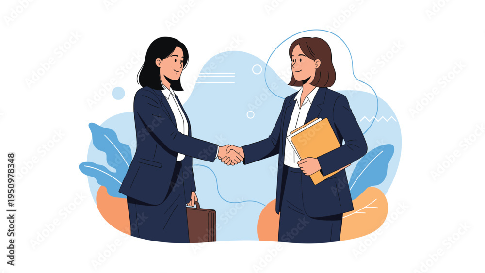 Fototapeta premium Two professional businesswomen in dark suits shaking hands after a successful business meeting or new deal agreement.