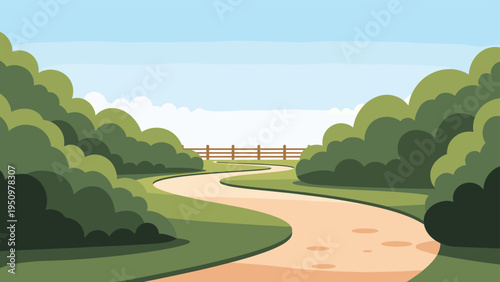 Winding dirt path leading through lush green bushes and trees towards a wooden fence under a clear blue sky.