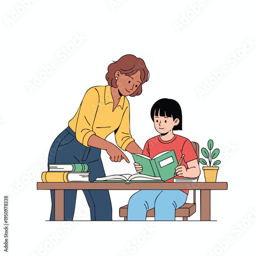 An educator points to a book while a student studies at a desk with a potted plant