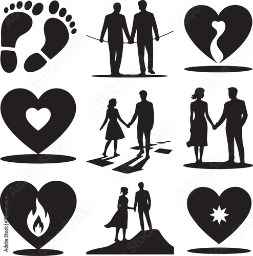 Black silhouettes of couples and hearts on white background