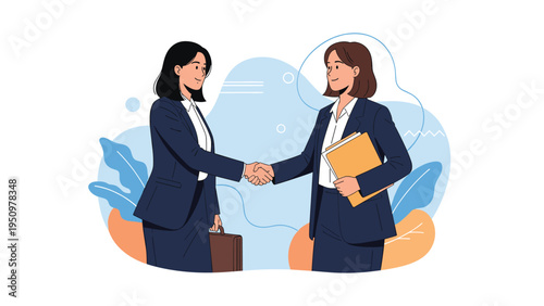 Two professional businesswomen in dark suits shaking hands after a successful business meeting or new deal agreement.