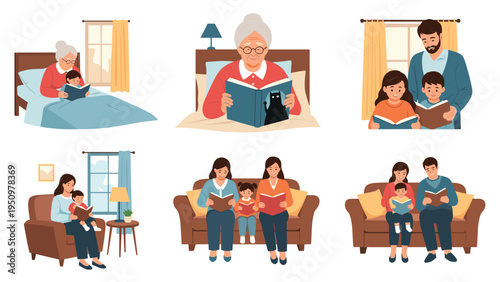 Collection of illustrations showing grandparents parents and children reading books together in cozy home environments.