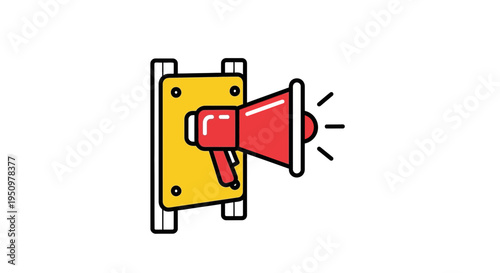 Red Megaphone Mounted on Yellow Wall Bracket, Announcement Icon, Communication Symbol