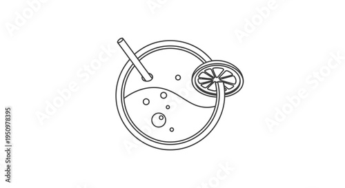 Refreshing Drink with Lemon Slice and Bubbles - Line Art Icon