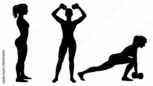 Black silhouette vector set of fitness workout poses with dumbbells and bodyweight exercises on white background