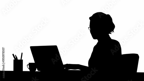 Remote worker sitting at desk with laptop coffee and office supplies in black silhouette vector