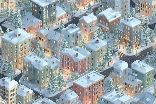Isometric winter town with snow covered buildings and pine trees, cozy glowing windows, and softly falling snow creating peaceful festive atmosphere in city streets