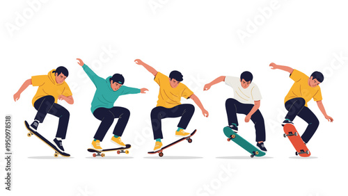 Sequence of a skateboarder in a yellow shirt performing a jumping trick showing different stages of movement.