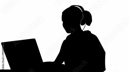 Black silhouette vector of woman with headset using laptop for online education