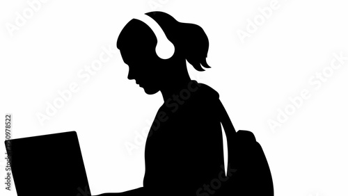 Black silhouette of young woman with headphones using laptop for online education at night