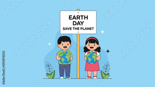Two children holding earth globe models standing next to a sign for earth day and saving the planet.