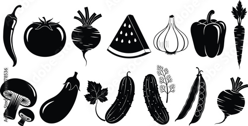 Large collection of black vegetable silhouettes including tomato carrot pepper mushroom and cucumber icons isolated on white background for healthy food design projects