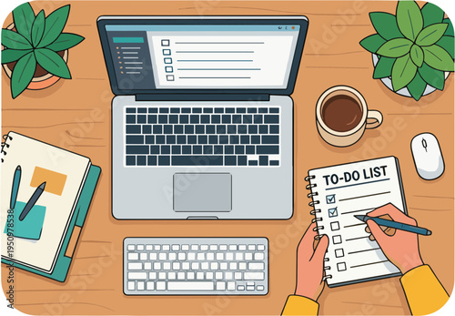 Person working on laptop and writing to-do list on desk with plants