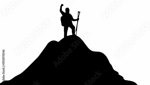 Hiker in black silhouette standing triumphantly on mountain peak with hiking pole