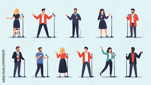 Diverse collection of men and women performing as public speakers or singers with microphones on stage.