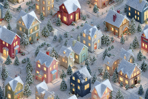 Isometric winter Christmas town seamless pattern with snowy rooftops and glowing windows creating cozy festive atmosphere in small village scene