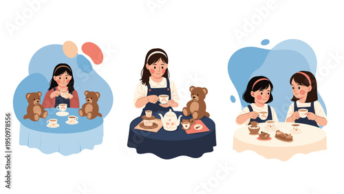 Young girls having fun while playing a tea party game with their favorite teddy bears and toy tea sets.