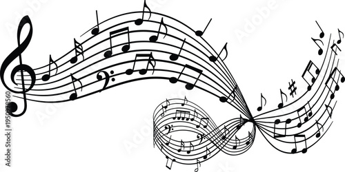 Artistic swirling musical staff with treble clef and black notes flowing in a curved wave pattern isolated on white background for creative audio designs