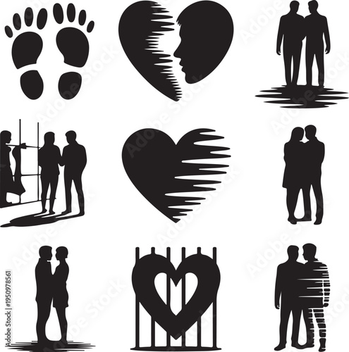 Black silhouettes of couples and hearts on white background