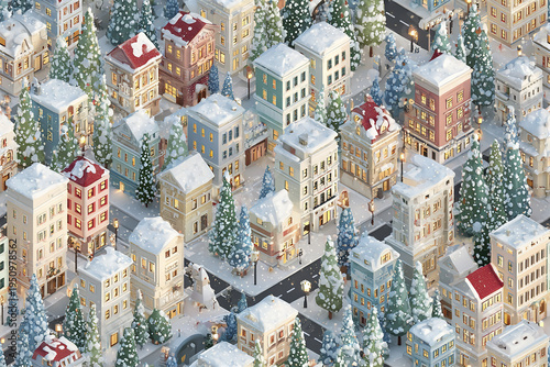 Isometric winter town with snow covered buildings and pine trees, cozy street lamps glowing warmly, creating festive and peaceful holiday atmosphere in cityscape