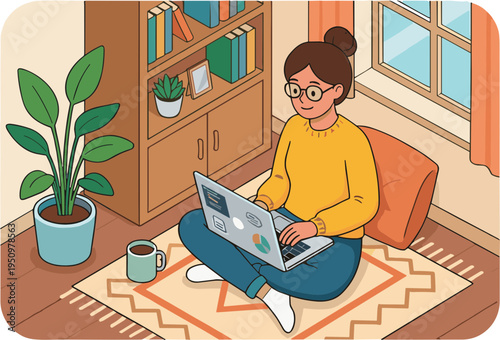 A woman sits on a rug in a cozy room working on her laptop.