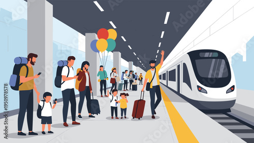 Crowded railway station platform with travelers waiting for the arrival of a modern high-speed passenger train.