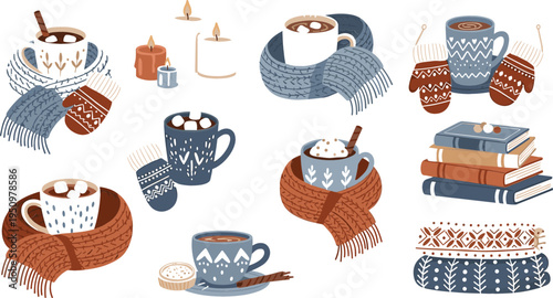 Cozy winter hygge set vector illustration with hot drinks, knitted scarf, mittens, candles and books, warm comfort lifestyle collection design