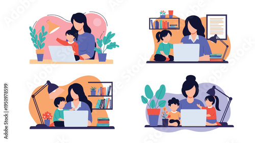 Collection of scenes showing working mothers using laptops at home while taking care of their young children.