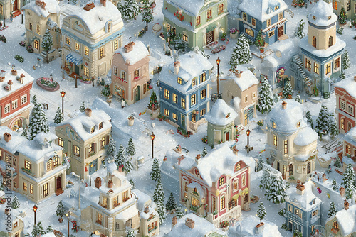 Isometric winter holiday town seamless pattern with snowy roofs, decorated houses, pine trees, and glowing street lamps creating cozy festive atmosphere in small village