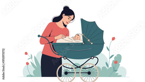 Loving mother looks down with a smile at her newborn baby sleeping peacefully in a classic green baby carriage in a park.
