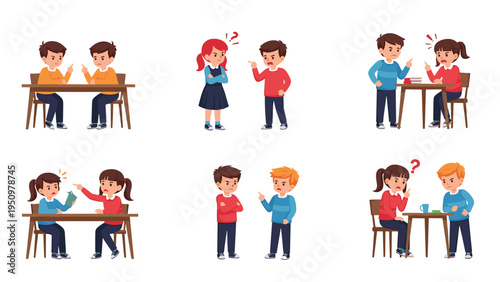 Diverse group of children engaged in various conflicts and heated arguments while sitting at school desks or standing in pairs.